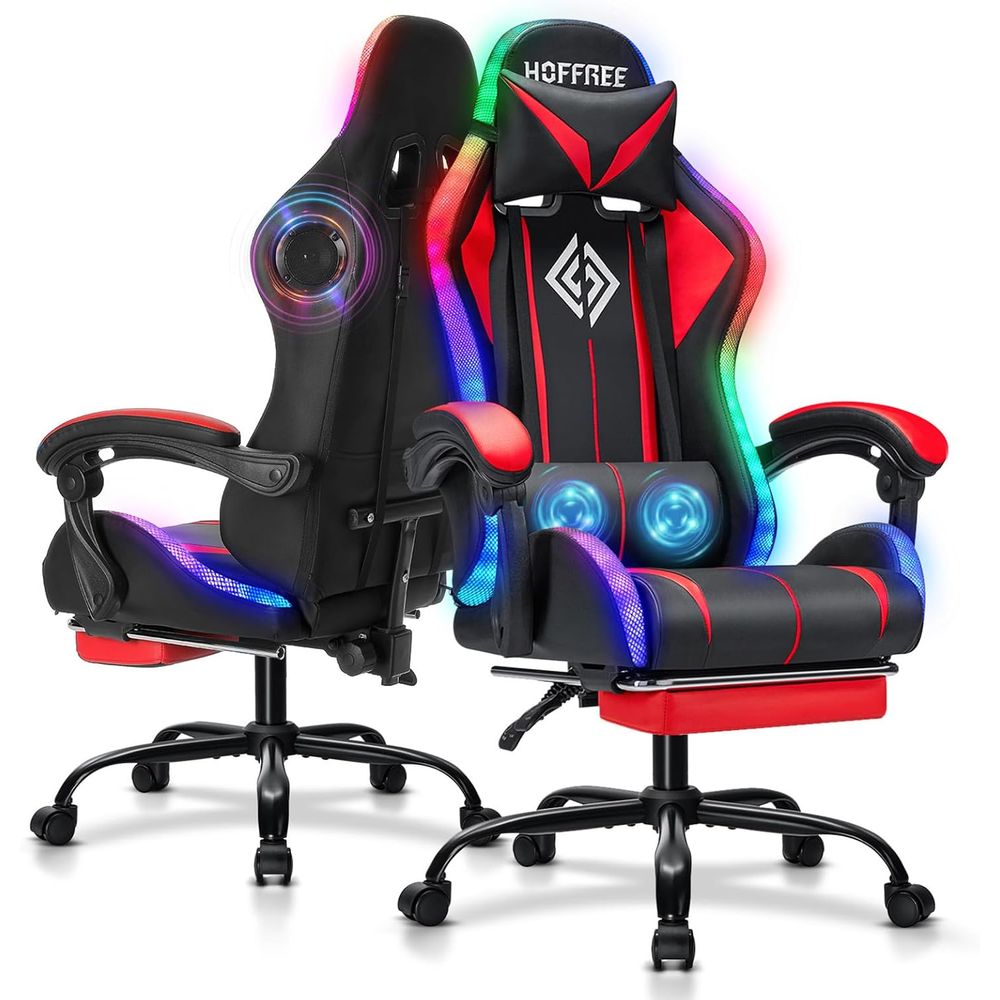 Video Games - เก้าอี้เกมมิ่ง RGB พร้อมลำโพงบลูทูธและไฟ LED เก้าอี้เกมคอมพิวเตอร์เพื่อสุขภาพพร้อมที่วางเท้า พนักพิงสูง